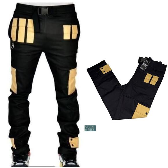 The Hideout Clothing Black Yellow Technical Cargo Pants Joggers Size S NEW - Picture 3 of 11